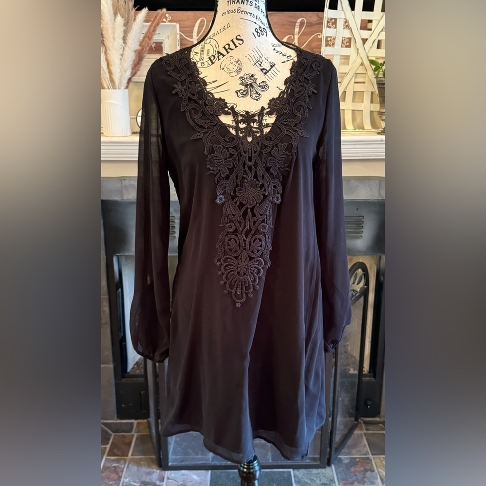 Little Black Dress Long Sheer Sleeves Open Arms Embroidered Front Women’s Large